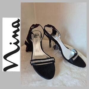 NINA High Heel Steletto Dressy OpenToe Sandals Black Satin & Crystals 8.5